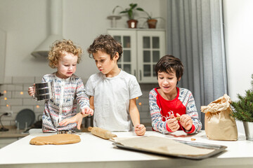 happy family funny kids are preparing the dough, bake cookies in the kitchen