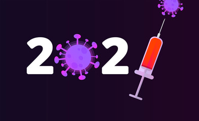 2021. new year's with vaccine vector illustration on dark background. corona virus prevention. Happy New Year. Vaccine 2021. Headline News. Social media stories and feed. Banner, poster, announcement.