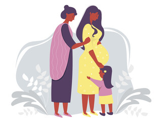 Motherhood and ethnic family. Happy pregnant dark-skinned woman in a yellow dress gently hugs her belly. Next to her is a woman mother and daughter on a gray decorative background. Vector illustration
