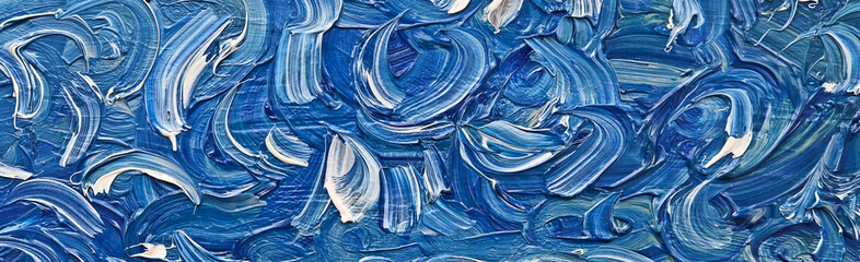 abstract oil paint texture on canvas, blue white paint strokes. Hand drawn oil painting.  Color texture. Fragment of artwork. Spots of paint. Brushstrokes of paint. Modern art. Contemporary art.