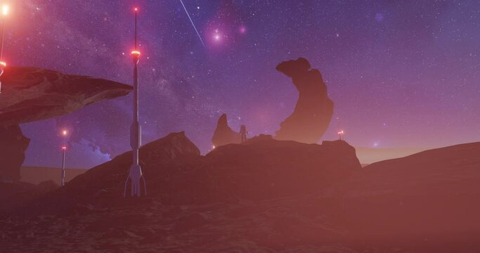 Sci-fi space alien planet environment, a spaceman standing on rocky surface of Martian desert, waiting a special space shipt resque space-module, watching beautiful stars on the sky with Milky-way gal