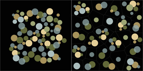 Social distancing - Abstract representation of social distancing - on the left, a society of dots before COVID-19; on the right, the same society of dots - at arm's length - during the pandemic