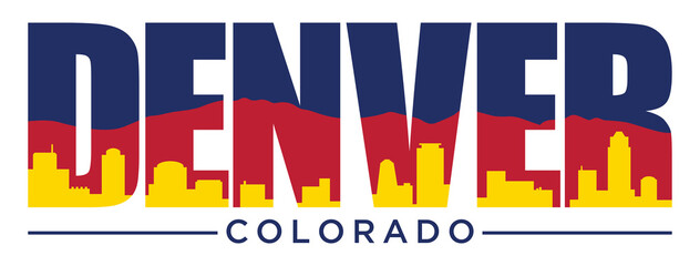 Denver Colorado T-Shirt Design with State Flag Colors | Vector Screen Printing Layout | Graphic Tee Illustration | Souvenir Bumper Sticker with Rocky Mountains and Skyline - obrazy, fototapety, plakaty