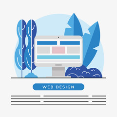 web design and computer with leaves vector illustration