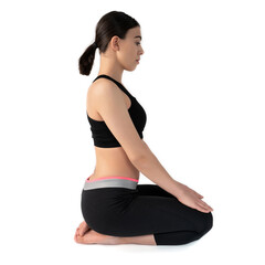 Fototapeta premium Young woman doing yoga practice isolated on white background. Flexible fit female body. Square shot. High resolution sharp photo.