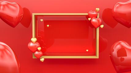 Background Hearts red and gold. Valentine's Day background.  3D Illustration