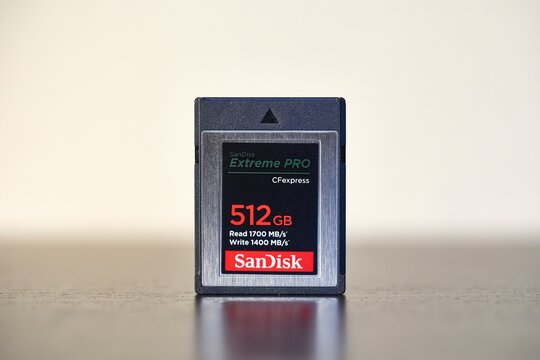 BUDAPEST, HUNGARY - CIRCA 2020: Proffessional 512GB CFexpress memory card for photography and video recording made by Sandisk, a reputable manufacturer