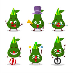 Cartoon character of avocado with various circus shows