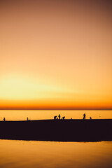 black silhouettes of people on the beach at sunset