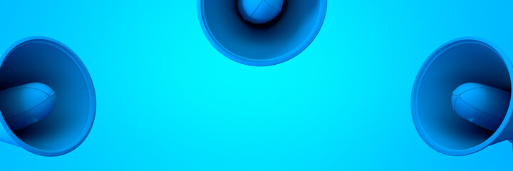 Blue megaphone with Blue background and space for text. Concept Megaphone for graphic composition. 3D illustration, 3D art.