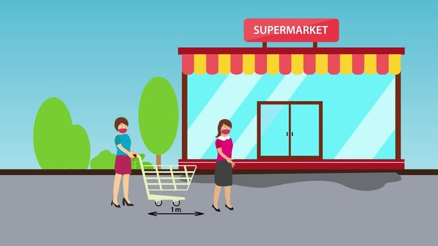 Two women in mask queuing in the line to shopping