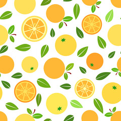 Orange fruit, flat vector illustration, full, slices and leaves, over white background seamless pattern.