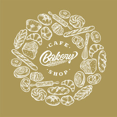 Breads, baked products, pastry, circle template frame vector doodle vintage illustration on white. Monochrome round border with bakery label typography.