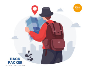 Backpacker concept vector Illustration idea for landing page template, The man see map for hiking the mountain, discover nature journey for vacation. Flat Styles