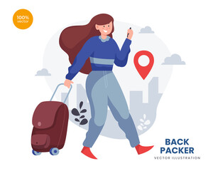 Backpacker concept vector Illustration idea for landing page template, The woman or girl make a vacation for adventure destination. Flat Styles