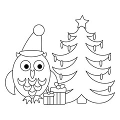 Coloring book for kids. Cute Christmas or winter doodle composition with owl. Hand-drawn vector sketch