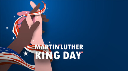 Martin Luther King Day with black skin and white skin folding arms together. Waving flag of america celebrate the civil rights of blacks