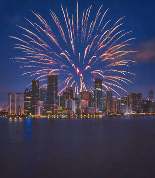 fireworks over the city Miami Florida 2021 new year beautiful skyline buildings usa United States 