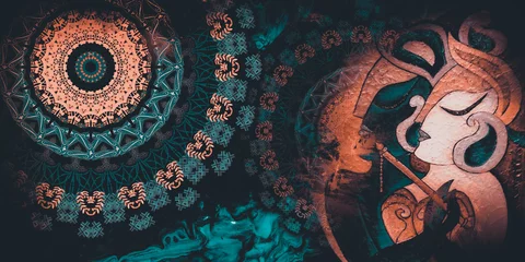 Fototapete mandala colorful dark eyes vintage art, ancient Indian vedic background design,shree radha krishna artistic work, old painting texture with multiple mathematical shapes © RAKR