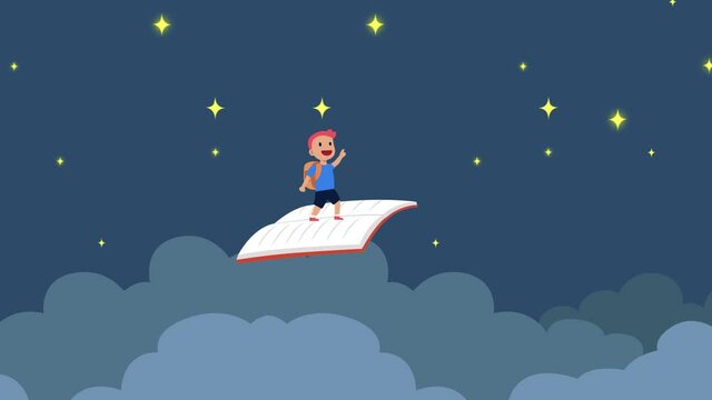 Happy little boy flying with a book in night sky