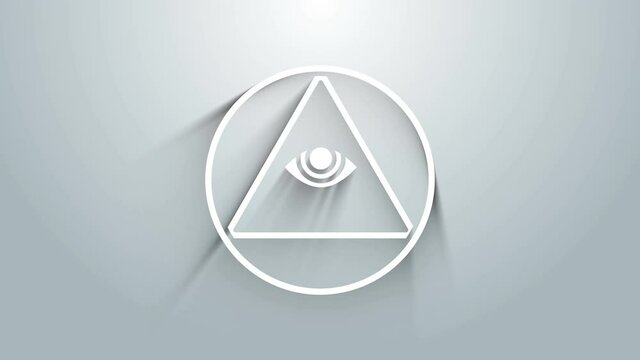 White Masons symbol All-seeing eye of God icon isolated on grey background. The eye of Providence in the triangle. 4K Video motion graphic animation