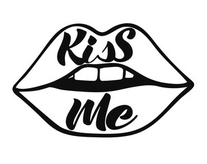 Romantic poster with hand lettering and lip. The black handwritten phrase Kiss Me isolated on white background. Vector Decorative illustration for Valentine's Day. Fashion sayings.