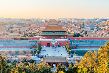 Naklejka premium Early morning architectural scenery of shenwumen in the Forbidden City of Beijing, China