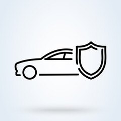 Car shield sign line icon or logo. Car insurance concept. Car protection, guard shield linear illustration.