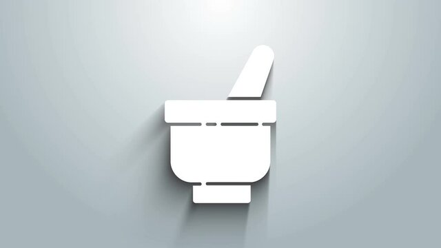 White Magic mortar and pestle icon isolated on grey background. 4K Video motion graphic animation
