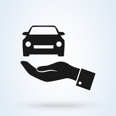 Car insurance sign icon or logo. Car with Care hands around concept. collision damage waiver illustration.