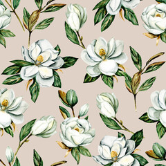 Seamless pattern with watercolor flowers magnolia, repeat floral texture, background hand drawing. Perfectly for wrapping paper, wallpaper, fabric and other printing. - obrazy, fototapety, plakaty