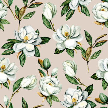 Seamless pattern with watercolor flowers magnolia, repeat floral texture, background hand drawing. Perfectly for wrapping paper, wallpaper, fabric and other printing.