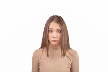 pretty young girl looking straight sorry guilty face isolated