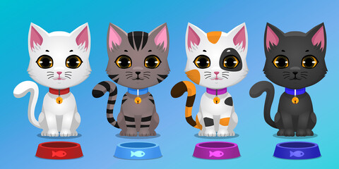 Set of Kittens Sitting Pose with different colors and Pet Food Bowl