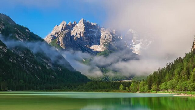 4K Timelapse Lago di Landro Lake in the Dolomites, South Tyrol, Italy, Europe
