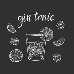 Gin tonic classic cocktail hand drawn vector illustration. Glass with ice and a slice of lime, for cocktail cards. Homemade gin tonic lettering, isolated vector illustration - obrazy, fototapety, plakaty