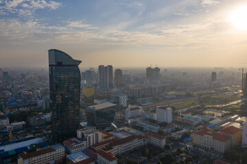 Fototapeta premium Phnompenh capital of Cambodia on the night with beautiful landscape by drone