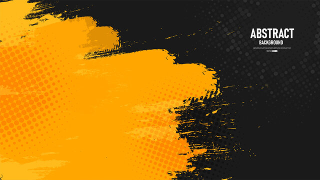 Black and yellow abstract background with brushstroke and halftone style.