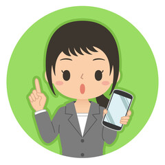 指差しポーズでスマホを持つ女性　イラスト　アイコン