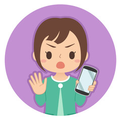 NOサインでスマホを持つ女性　イラスト　アイコン