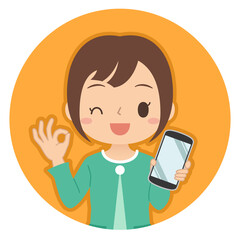 OKサインでスマホを持つ女性　イラスト　アイコン