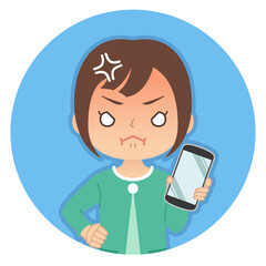 怒った赤い顔でスマホを持つ女性　イラスト　アイコン