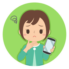 悩み顔でスマホを持つ女性　イラスト　アイコン