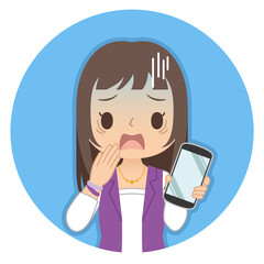 焦った青い顔でスマホを持つ女性　イラスト　アイコン