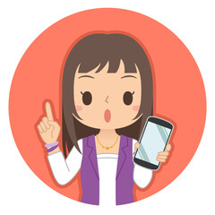 指差しポーズでスマホを持つ女性　イラスト　アイコン