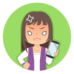 怒った赤い顔でスマホを持つ女性　イラスト　アイコン