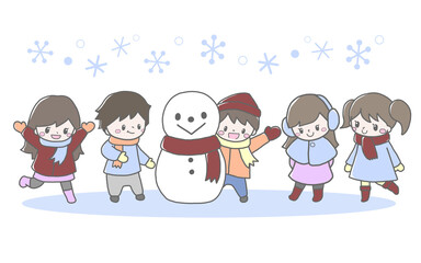 雪遊びするかわいい子ども達と雪だるまの手描き風イラスト