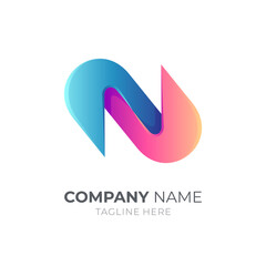 Connected letter N logo with 3d shape in gradient blue and orange color