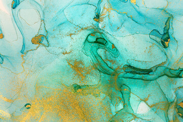 Green marble imitation. Watercolor gold background. Alcohol ink art illustration.