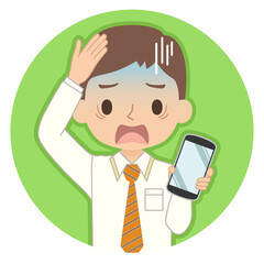 焦った青い顔でスマホを持つ男性　イラスト　アイコン